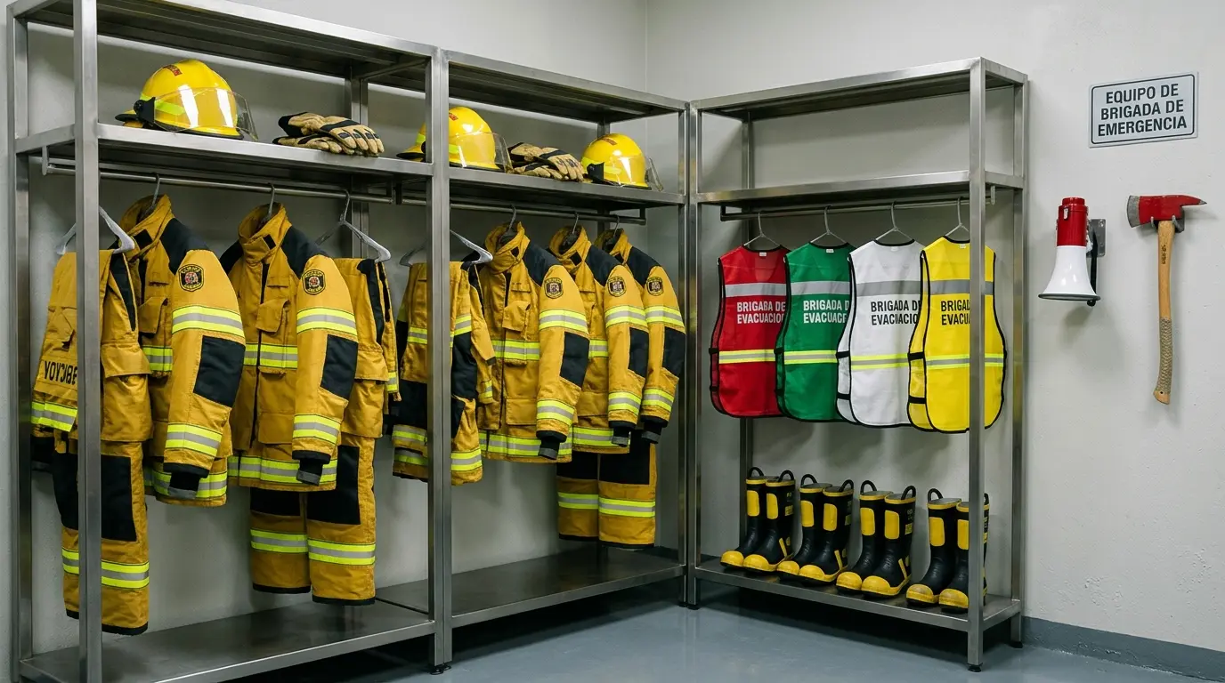 Equipo de bombero y brigadista: chaquetón, casco, botas y chalecos de brigada