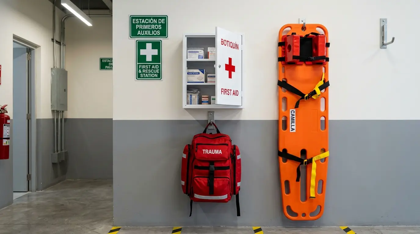 Estación de primeros auxilios con botiquín metálico, mochila de trauma y camilla rígida