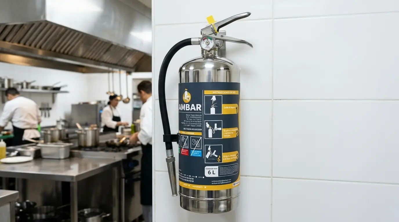Extintor Tipo K wet chemical de acero inoxidable en cocina industrial de restaurante