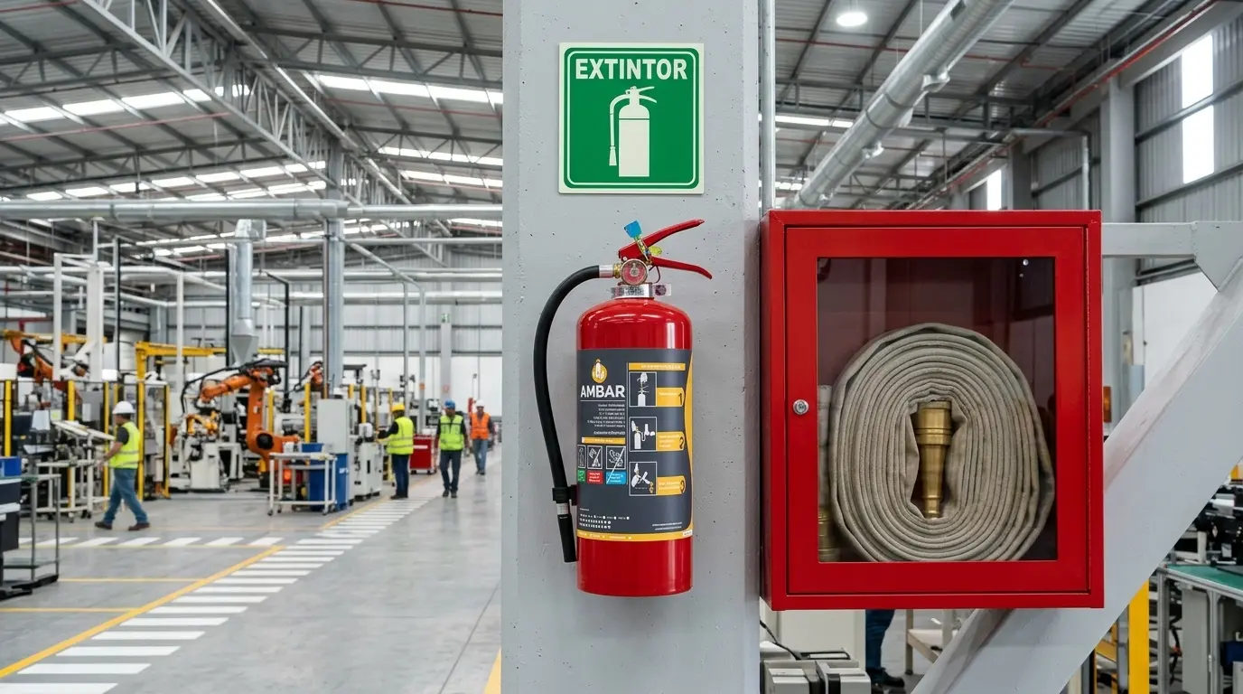 Extintor y gabinete de manguera contra incendio en planta de manufactura