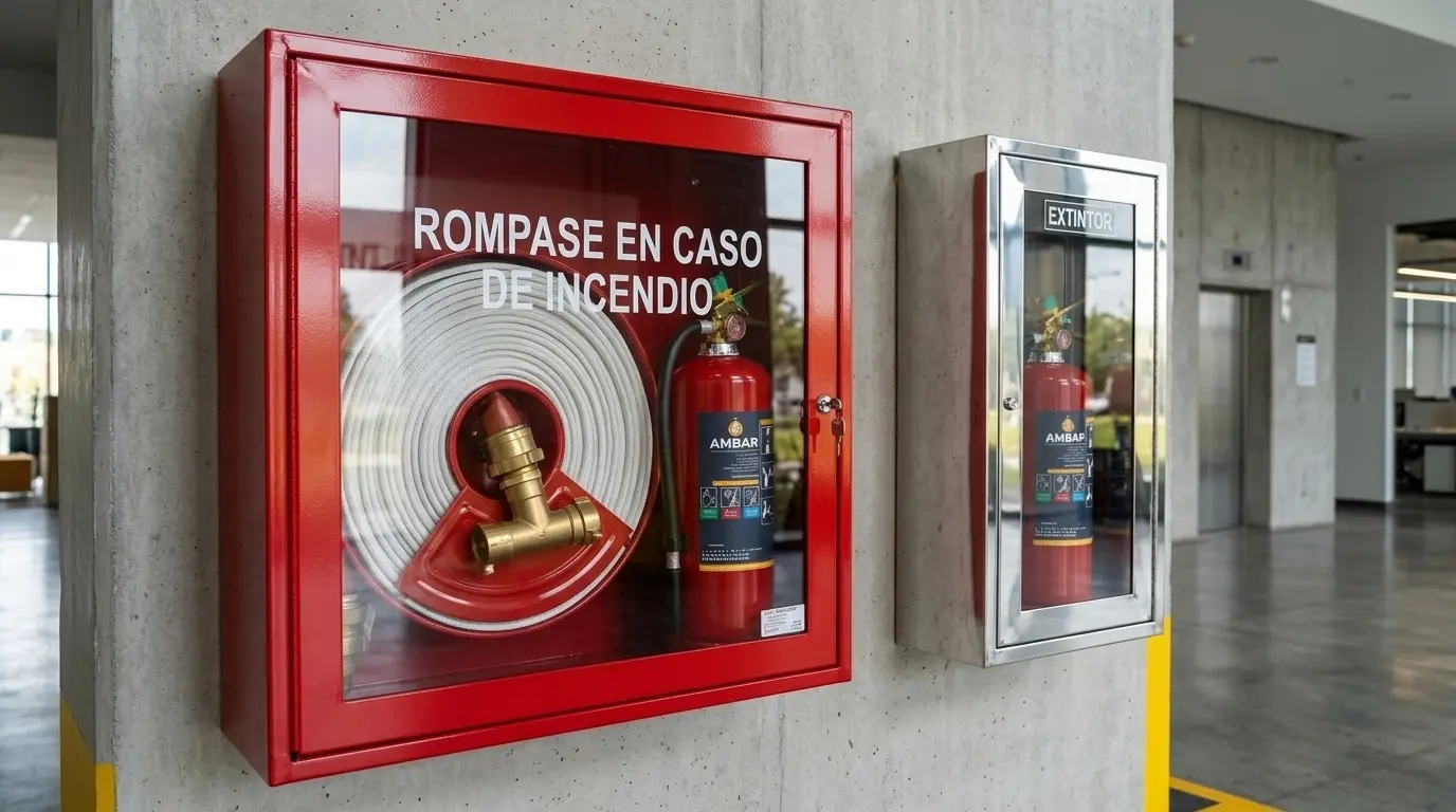 Gabinete contra incendio para extintor en edificio corporativo
