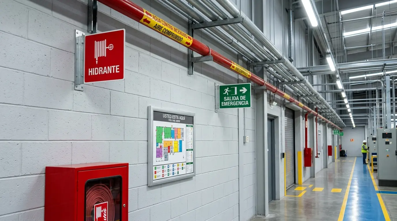 Señalamientos especiales tipo bandera e identificación de tuberías en planta industrial