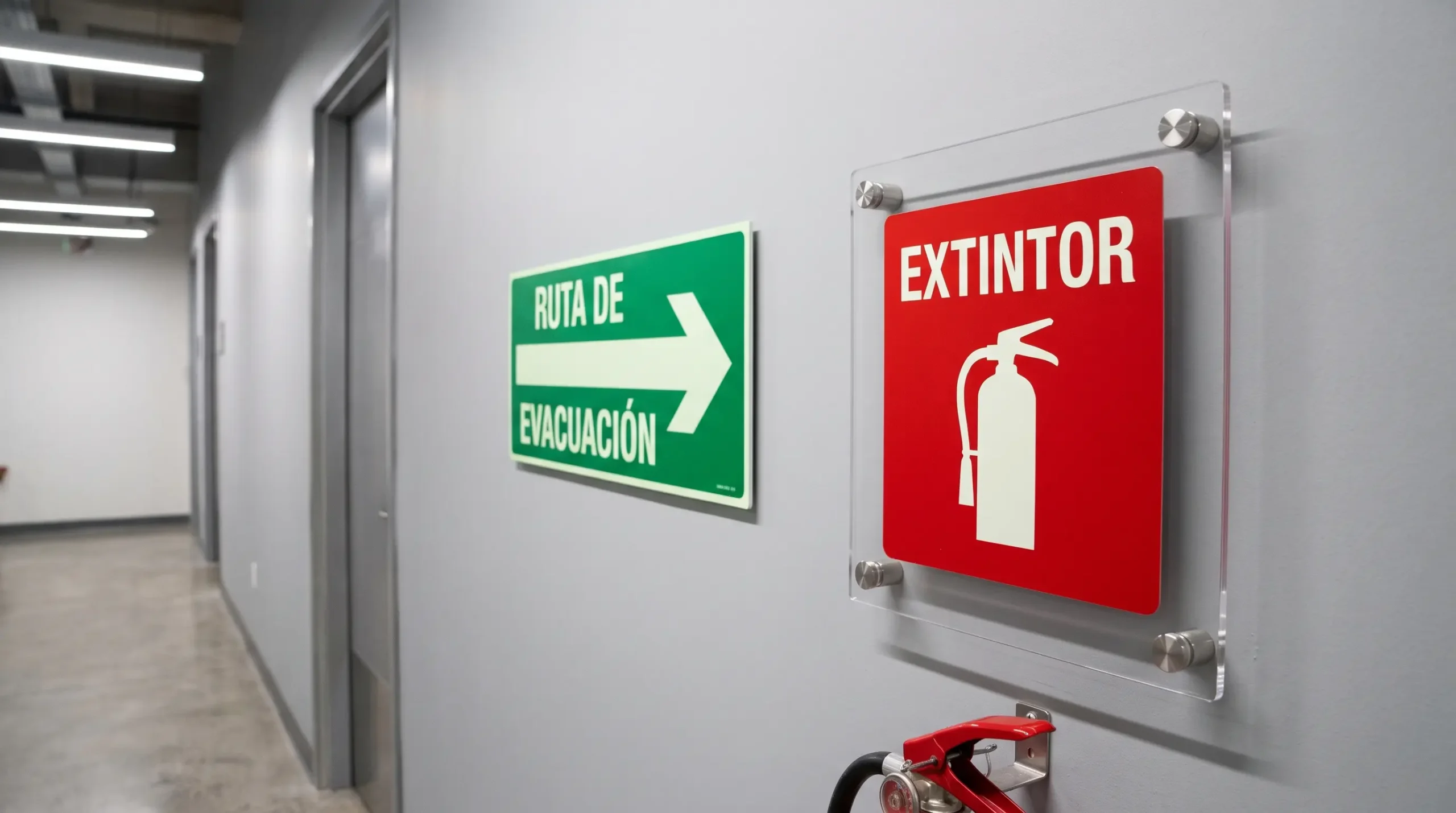 Señalamientos de ruta de evacuación y extintor en estireno y acrílico para oficinas corporativas