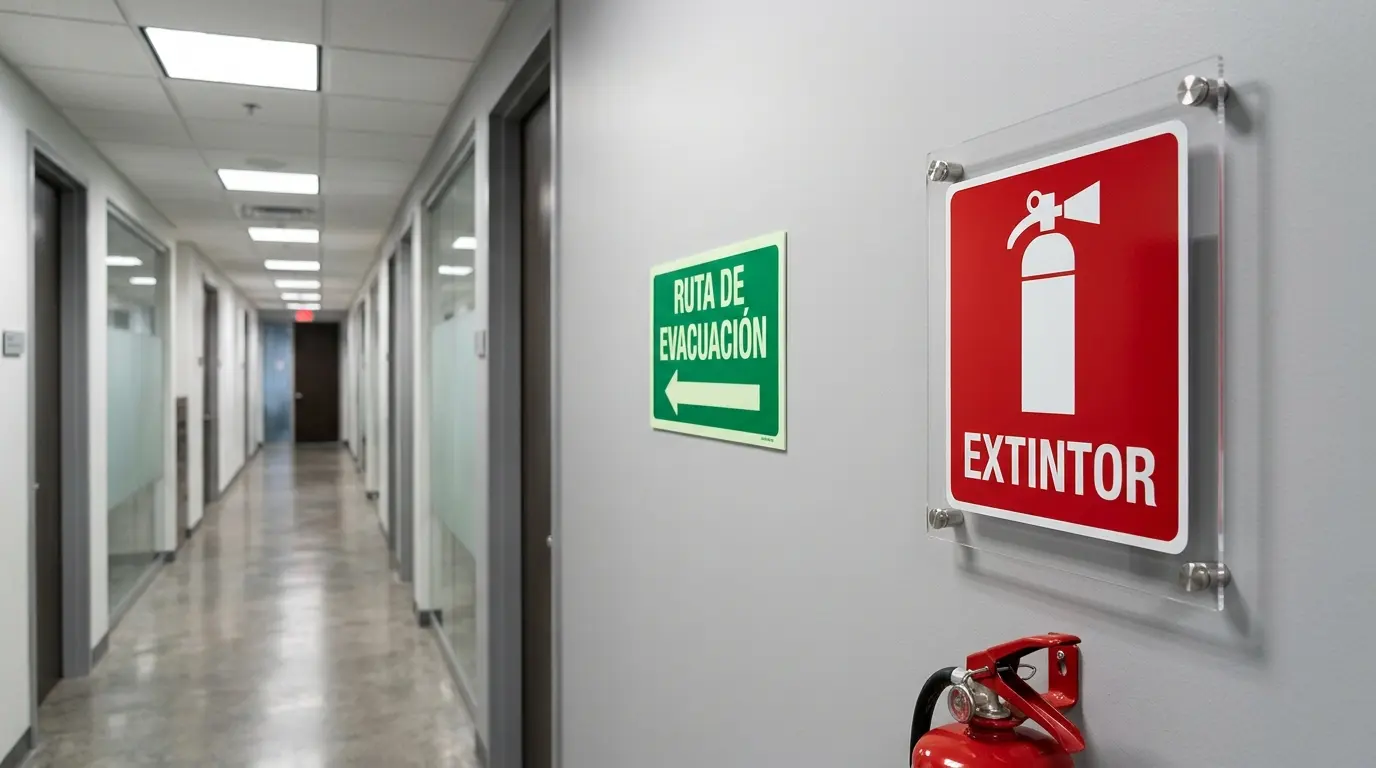 Señalización de ruta de evacuación y extintor en oficinas corporativas