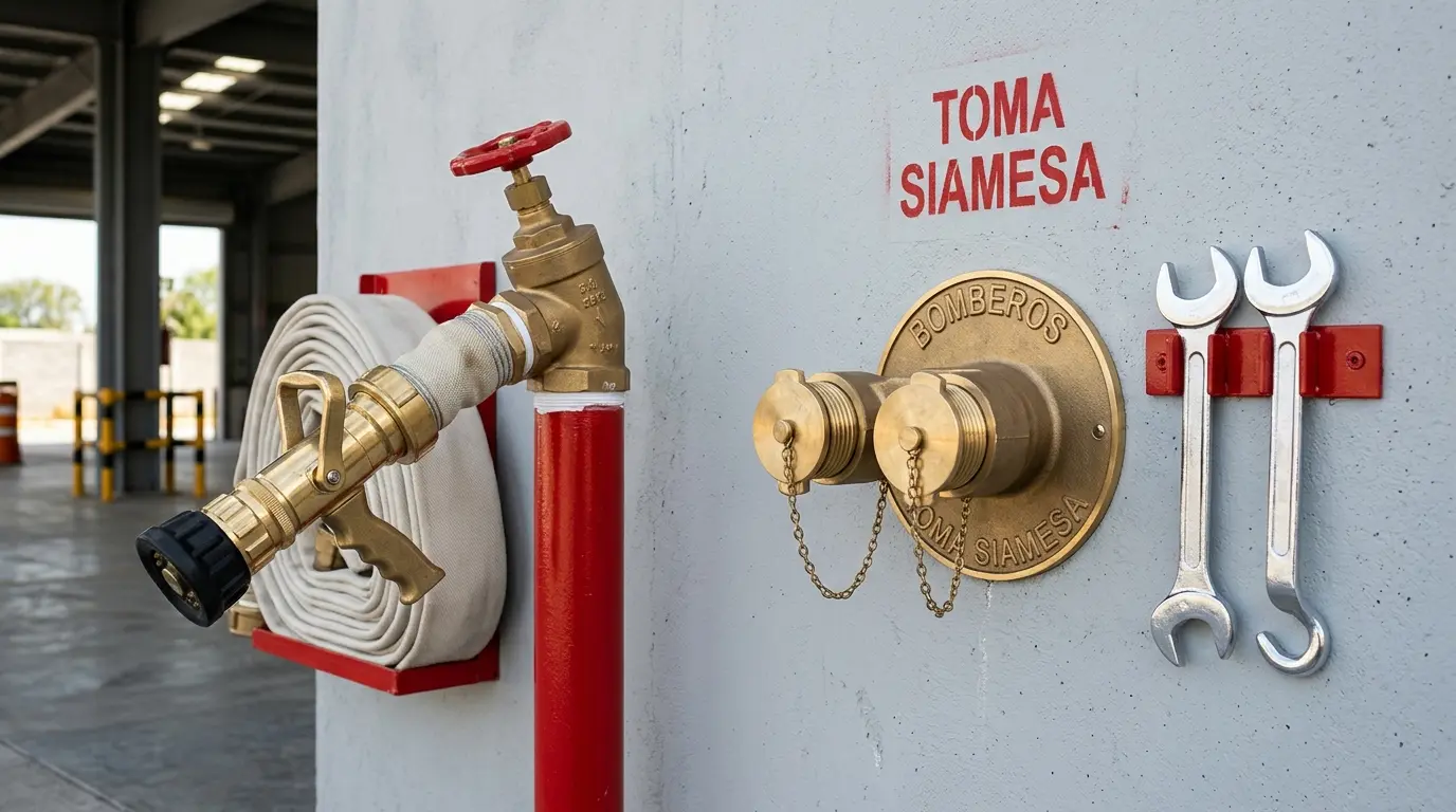 Herrajes contra incendio: chiflón de bronce, válvula angular y toma siamesa para hidrantes
